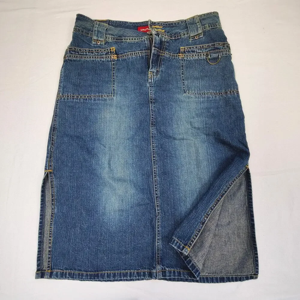 VTG Casual Streetwear Teen Junior UNIONBAY Y2K Denim Side Slits Midi Skirt
